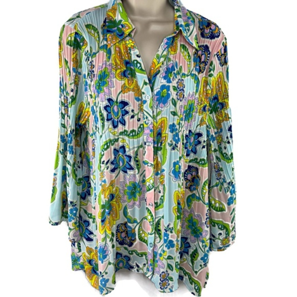 Sunny Leigh Floral Button-Down Shirt in Blue, Green, Yellow, Pink